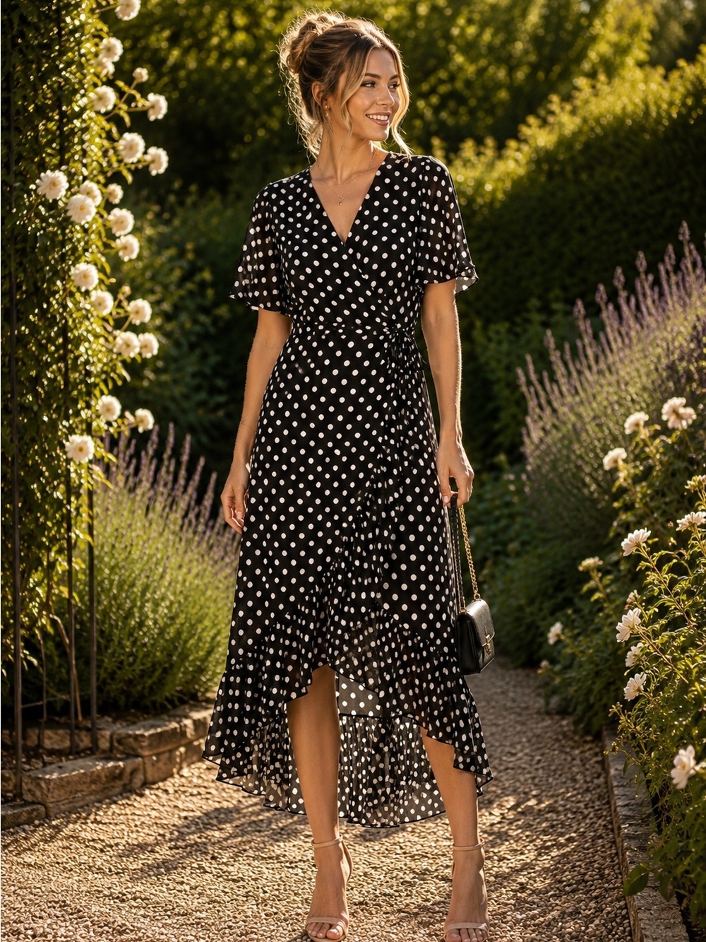 Calvin Klein Black and White Polka Dot Wrap Dress
